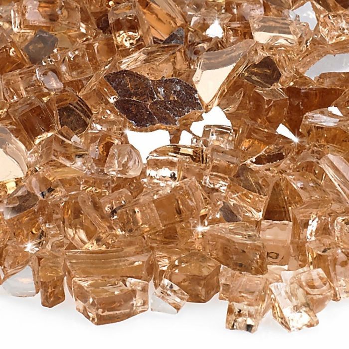 Close-up view of American Fire Products 1/4" Champagne Reflective Fire Glass, showcasing its warm golden hues, faceted edges, and brilliant mirrored surfaces—ideal for adding cozy, upscale sparkle to any modern fire feature.