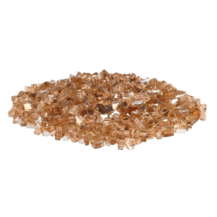 A shimmering pile of American Fire Products 1/4" Champagne Reflective Fire Glass, featuring warm golden tones and mirror-like accents—perfect for enhancing fire pits and fireplaces with elegant sparkle and radiant heat reflection.