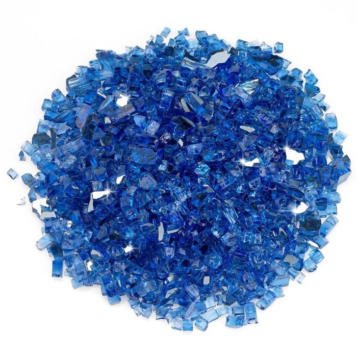 American Fire Products 1/4-inch cobalt reflective fire glass—featuring rich sapphire blue tones and brilliant mirrored surfaces that add bold color and radiant sparkle to fire pits and fireplaces.
