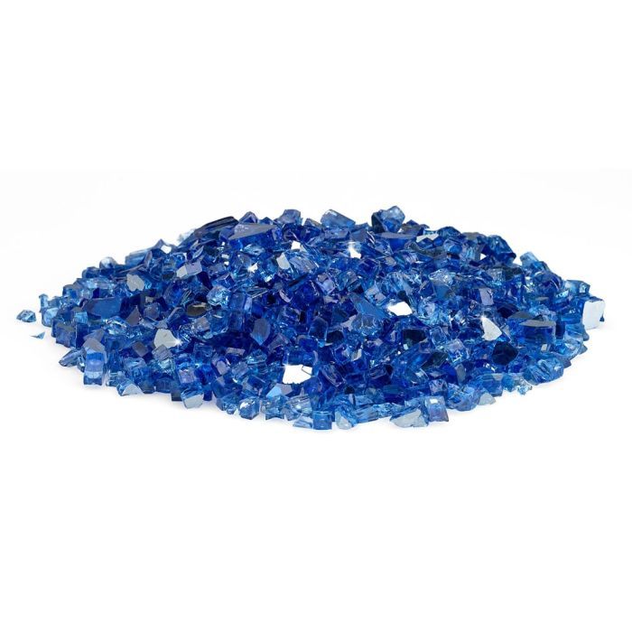 Pile of American Fire Products 1/4" Cobalt Reflective Fire Glass showcasing bold, deep blue hues with a shimmering mirror finish—perfect for adding a vibrant pop of color and sparkle to modern fire pits and fire tables.