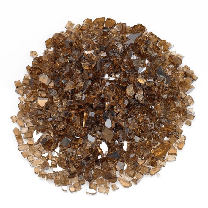 American Fire Products 1/4-inch copper reflective fire glass—showcasing warm amber and bronze tones with a sparkling mirror finish that brings glowing elegance to any fire feature.