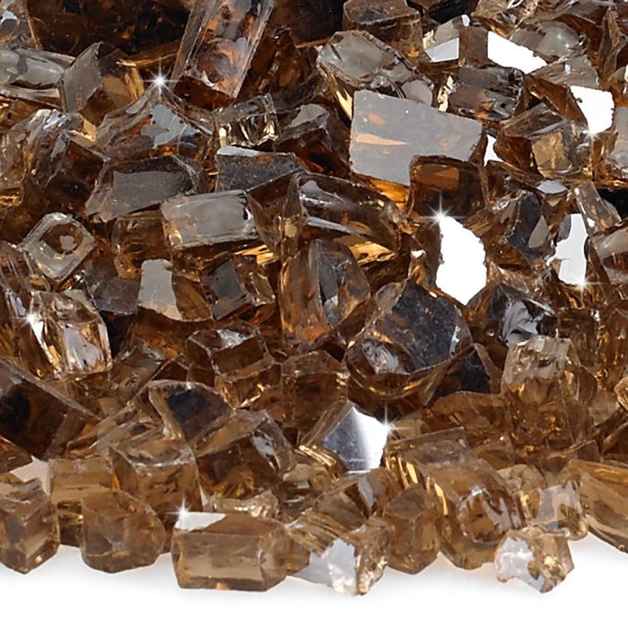 Close-up of American Fire Products 1/4" Copper Reflective Fire Glass, showcasing its rich amber hues, sparkling mirrored edges, and textured facets—ideal for adding a warm, luminous glow to any modern fire feature.