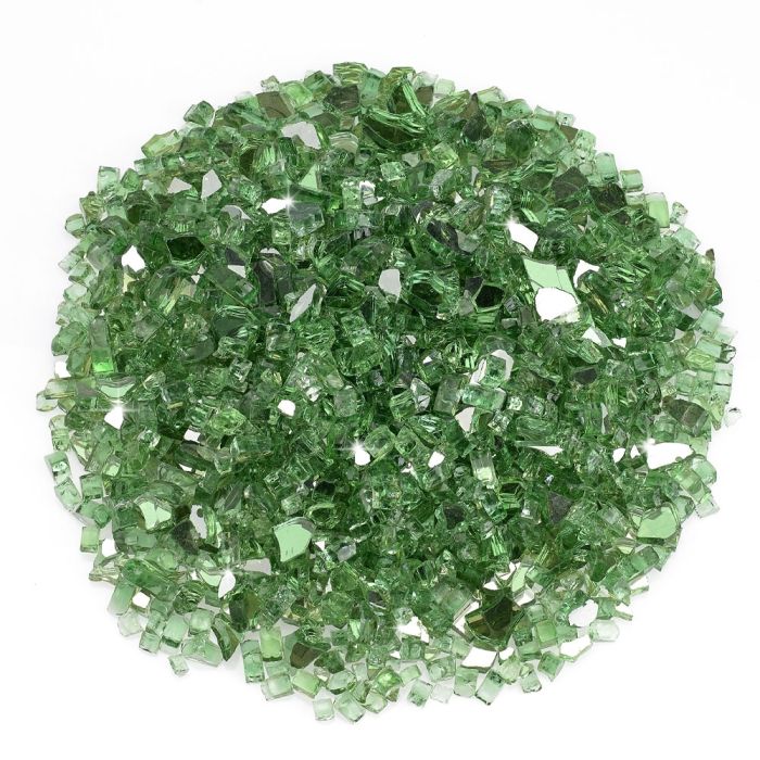 American Fire Products 1/4-inch evergreen reflective fire glass—vibrant green tones with a sparkling mirrored finish, perfect for adding natural charm and bold color to any fire pit or fireplace.