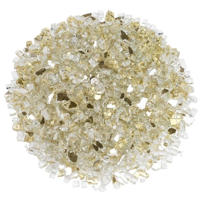 American Fire Products 1/4-inch gold reflective fire glass—luxurious crushed glass with shimmering gold accents that add radiant warmth and upscale elegance to any fire feature.