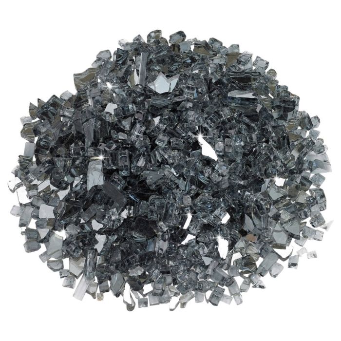 American Fire Products 1/4-inch gray reflective fire glass—sleek, smoky-toned glass chips that shimmer with silver highlights, perfect for creating a cool, contemporary fire feature.