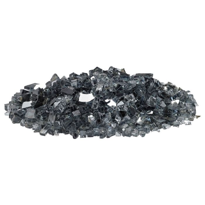 A shimmering pile of 1/4" Gray Reflective Fire Glass by American Fire Products, featuring angular crushed glass with a mirrored finish—perfect for enhancing the glow and modern appeal of gas fire pits and fireplaces.