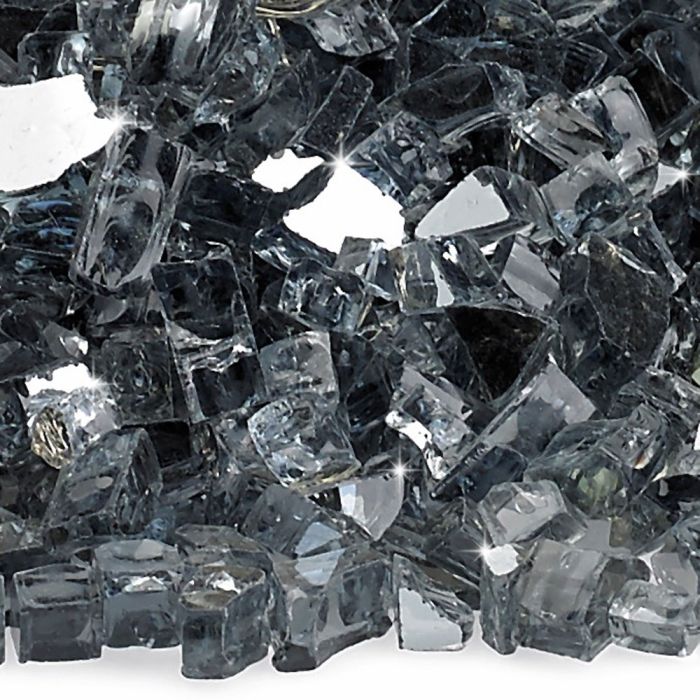 Close-up of 1/4" Gray Reflective Fire Glass by American Fire Products, showcasing its brilliant silver-gray hues and mirrored edges that catch the light for a dazzling, upscale fire feature display.