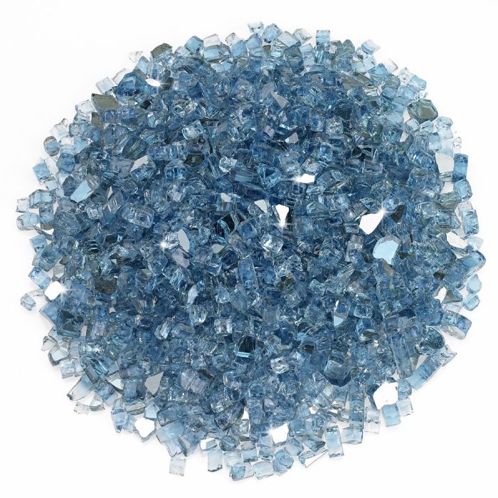 American Fire Products 1/4-inch Pacific Blue reflective fire glass—vibrant ocean-toned glass with a mirror-like shimmer that enhances flame movement and adds a cool, coastal vibe to any fire feature.