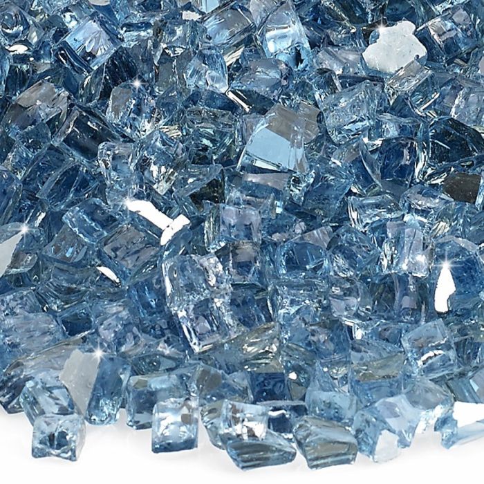 Close-up of American Fire Products 1/4" Pacific Blue Reflective Fire Glass showcasing dazzling, ocean-inspired glass pieces with mirror-finished backing—perfect for adding cool-toned shimmer and a tranquil, coastal feel to your fire feature.