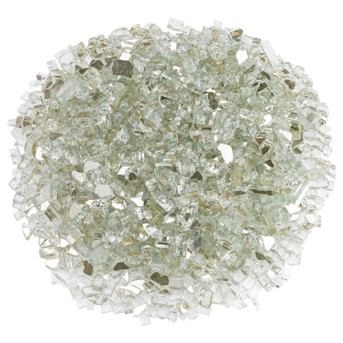 American Fire Products 1/4-inch Platinum reflective fire glass—sleek, silver-toned crushed glass with shimmering highlights that add modern elegance and brilliant sparkle to your fire feature.