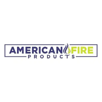 The American Fire Products logo featuring the brand name in blue and yellow with a stylized flame icon in the middle, representing their premium fire glass and other fire products.