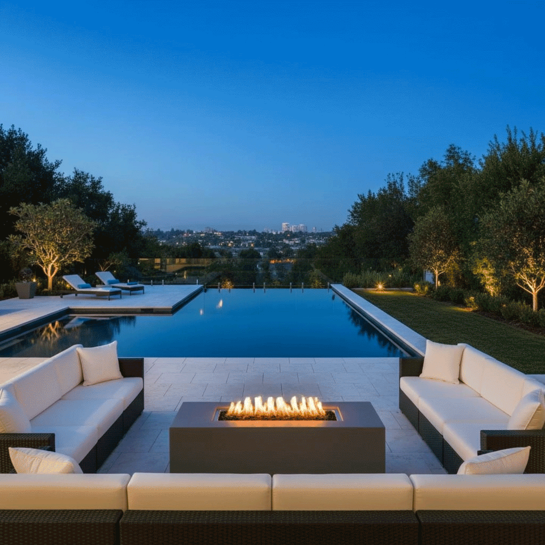 A spacious outdoor lounge features a large U-shaped sectional sofa surrounding a rectangular luxury fire pit in a gray finish. Set against a twilight backdrop with a swimming pool and distant city lights, the scene epitomizes a comfortable family gathering fire pit arrangement. The warm flames of the backyard oasis provide a focal point for the paved terrace, illustrating how this unit anchors a sophisticated outdoor entertaining space.