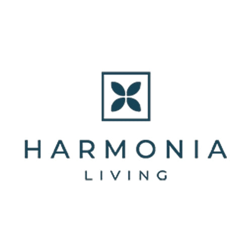 The Harmonia living logo featuring the brand name in green with a stylized flower icon, representing their premium furniture products.