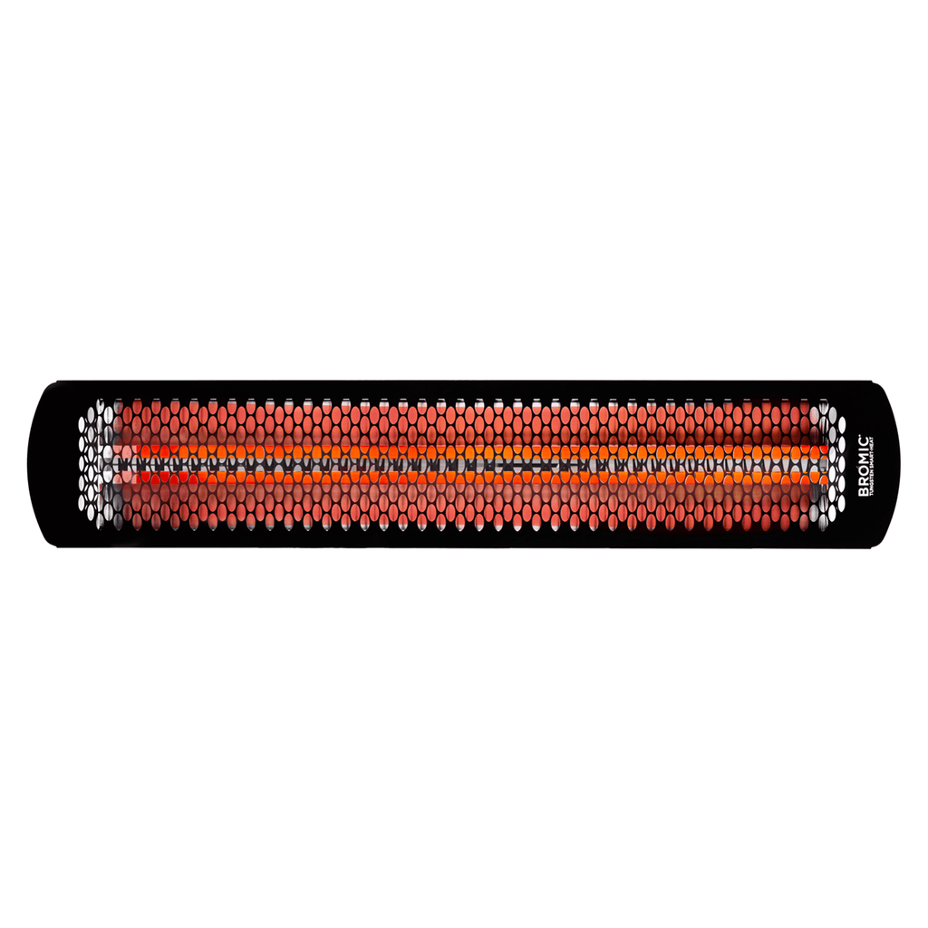 Full front-facing image of the Bromic Tungsten Electric Smart-Heat Heater in Black, displaying the heater’s long radiant element and elegant slimline design ideal for modern patios, restaurants, and outdoor entertainment spaces.
