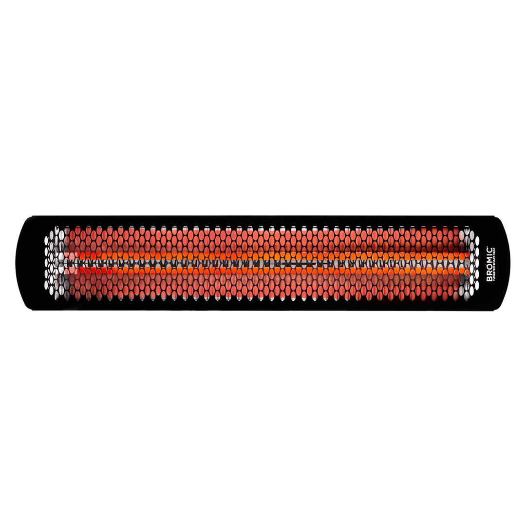 Full front-facing image of the Bromic Tungsten Electric Smart-Heat Heater in Black, displaying the heater’s long radiant element and elegant slimline design ideal for modern patios, restaurants, and outdoor entertainment spaces.