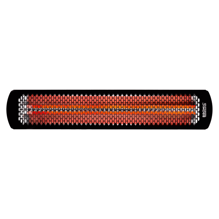 Full front-facing image of the Bromic Tungsten Electric Smart-Heat Heater in Black, displaying the heater’s long radiant element and elegant slimline design ideal for modern patios, restaurants, and outdoor entertainment spaces.