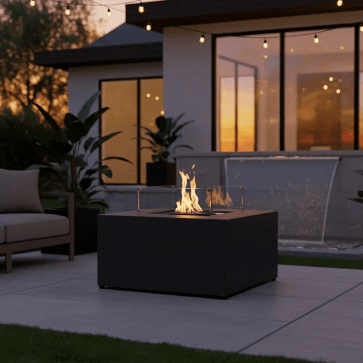 42" Square Beton Concrete (GFRC) Gas Fire Pit with Hidden Propane Tank - Graphite by Starfire Designs