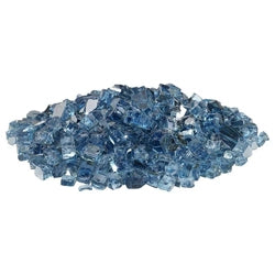Half-inch broken blue fire glass designed for use in fire pits and fireplaces. Adds a cool, reflective element to fire features, enhancing their aesthetic appeal and creating a vibrant visual effect
