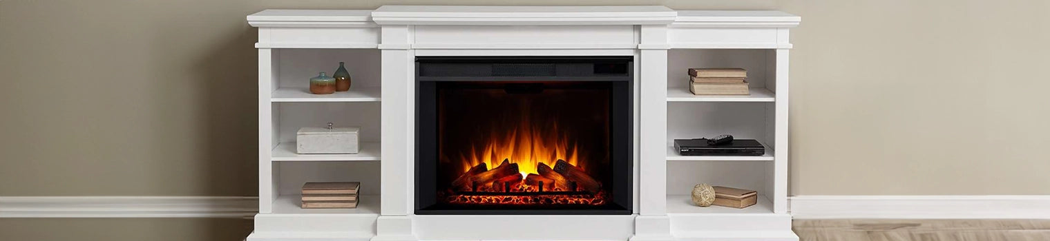 Elegant white electric fireplace with built-in bookshelves on either side, featuring a warm, glowing flame, adding both functionality and style to the room.