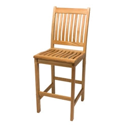 Teak wood outdoor bar stool with slatted backrest and seat, designed for durability and comfort in patio or outdoor bar settings
