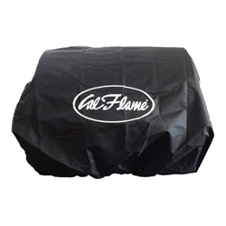 Cal Flame durable black grill cover with white logo, designed to provide all-weather protection for outdoor BBQ grills