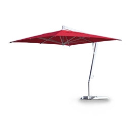 Red FIM cantilever patio umbrella with adjustable arm, designed for outdoor shade and modern style