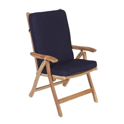 Teak wood folding chair with navy cushion, ideal for comfortable outdoor seating, featuring a durable and classic design perfect for patios and gardens