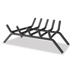 Heavy-duty steel fireplace grate designed to hold logs securely, featuring a durable construction and elevated design for optimal air circulation. Ideal for enhancing the efficiency and safety of wood-burning fireplaces