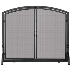 Arched black fireplace screen doors featuring durable mesh panels, designed to provide safety while adding a classic touch to indoor fireplaces. Ideal for preventing sparks and embers from escaping
