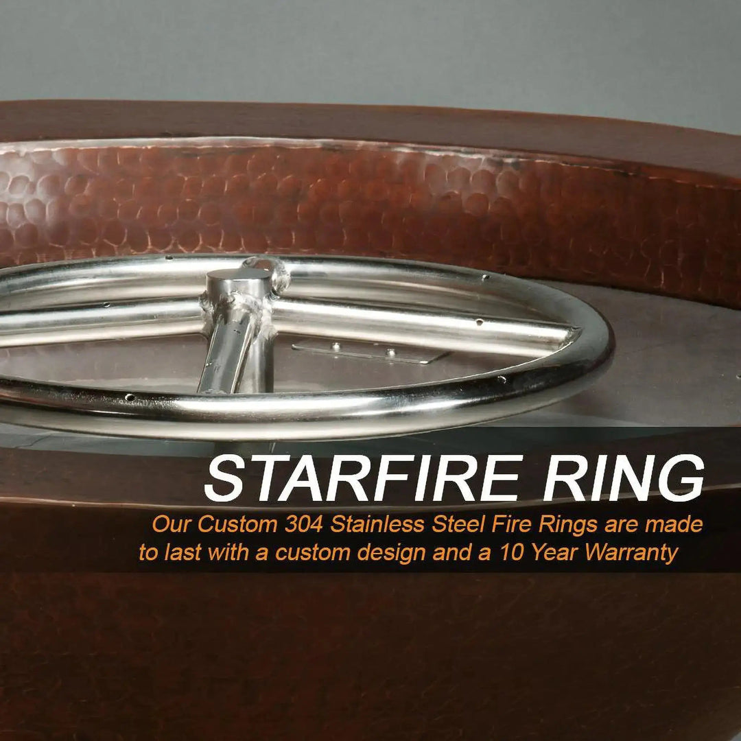 Close-up of the Starfire Ring in the Cono Moreno 31-inch Round Copper Fire and Water Bowl by Starfire Designs, showcasing the durable 304 stainless steel construction and custom design, ideal for long-lasting luxury outdoor fire pits