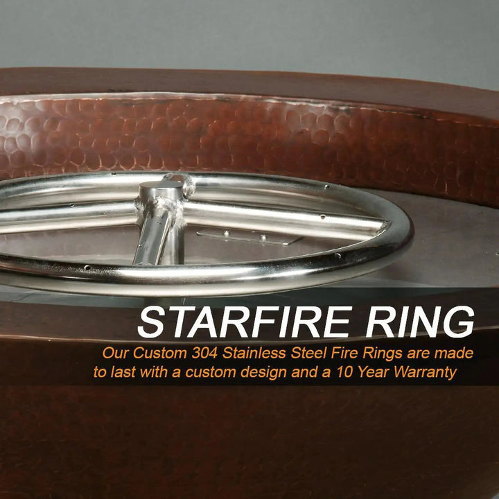 Close-up of the Starfire Ring in the Cono Moreno 31-inch Round Copper Fire and Water Bowl by Starfire Designs, showcasing the durable 304 stainless steel construction and custom design, ideal for long-lasting luxury outdoor fire pits