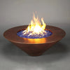 Cono Moreno 42-inch Round Copper Fire Pit by Starfire Designs, featuring a striking hand-hammered copper finish and vibrant blue fire glass, ideal for outdoor fire features in modern backyards