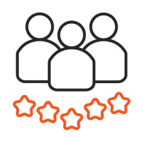 Icon showing three silhouettes with a five-star rating below, representing customer reviews or ratings for a service or product