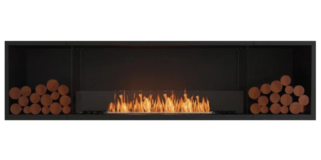 Sleek and modern fireplace with a minimalist design, featuring bright flames within a black frame. Stacked logs on either side of the fire add a rustic touch to the contemporary aesthetic