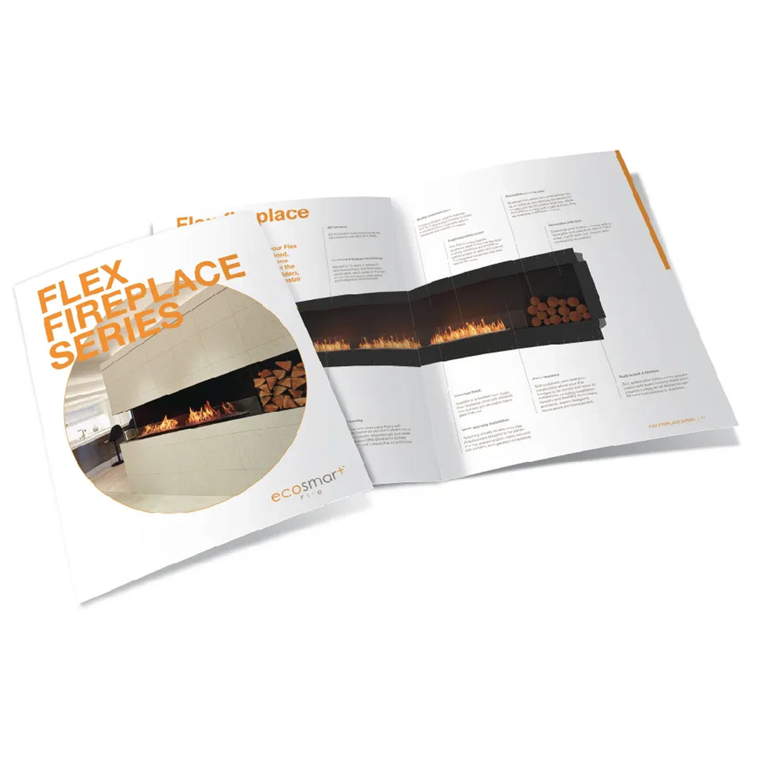 Open brochure for the EcoSmart Fire Flex Fireplace Series, showcasing detailed product information, features, and images of modern, eco-friendly fireplaces