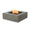 The EcoSmart Fire Base 40 Natural outdoor fire pit features a propane burner with a sleek tempered glass wind guard for enhanced safety and wind resistance. This square fire pit table is perfect for patio entertaining, offering a stylish and smokeless fire solution for any modern backyard or outdoor space.