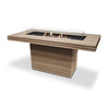 EcoSmart Fire Gin 90 (Bar) Teak with black burner and wind guard, a modern outdoor fire pit designed for elegant backyard spaces. This teak wood fire table features a linear burner with a protective glass wind guard, making it an ideal luxury fire pit for entertaining.