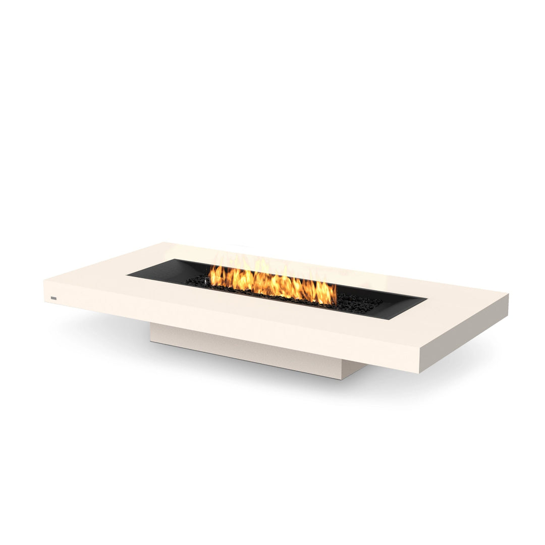 EcoSmart Fire Gin 90 Low Bone propane fire pit table with a minimalist bone-colored finish and a sleek burner, offering a clean, contemporary aesthetic. Perfect for outdoor entertaining, this rectangular gas fire pit delivers warmth and style.