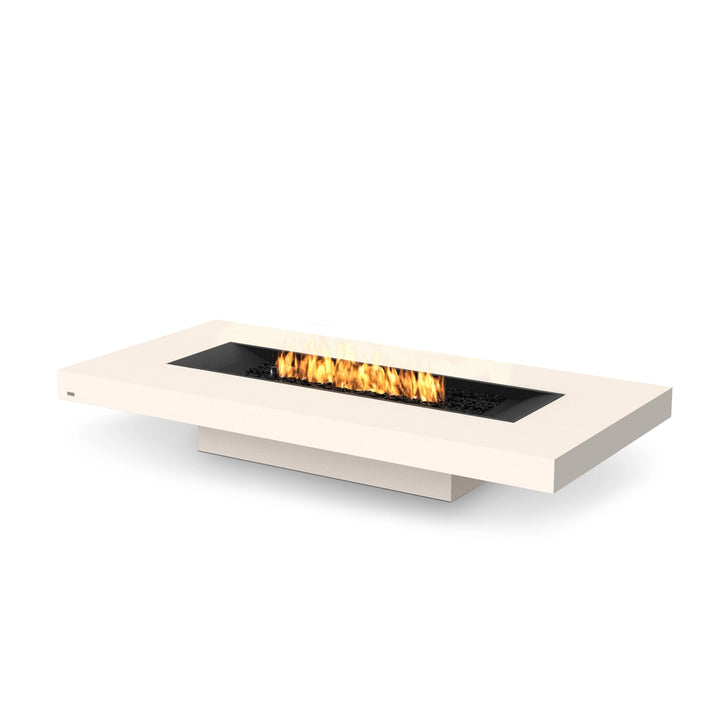 EcoSmart Fire Gin 90 Low Bone propane fire pit table with a minimalist bone-colored finish and a sleek burner, offering a clean, contemporary aesthetic. Perfect for outdoor entertaining, this rectangular gas fire pit delivers warmth and style.