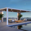 A luxurious EcoSmart Fire Gin 90 Low fire table with a sleek teak wood design, seamlessly integrated into a contemporary outdoor patio setting. The fire pit's long linear burner creates a warm ambiance, surrounded by plush outdoor seating under a stylish pergola. Perfect for modern backyard entertaining, this outdoor fire pit enhances any luxury patio space.