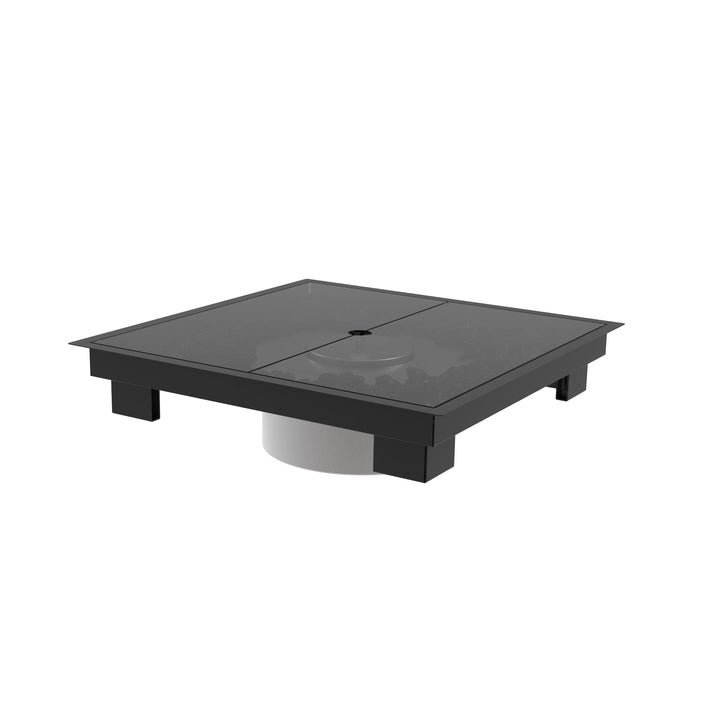 The EcoSmart Fire S22 Glass Cover Plate is seen installed on a modern square outdoor fire pit, offering full protection against external elements. This sleek, black tempered glass cover enhances the fire pit’s aesthetic while preserving its performance and lifespan. Ideal for homeowners seeking a high-end fire pit accessory, this cover adds a seamless look to any patio fire pit setup.