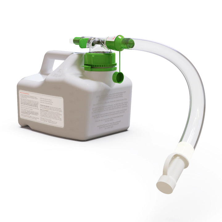A close-up view of the e-NRG Bioethanol Jerry Can Spout Extension installed on a fuel container. This transparent extension hose allows for controlled and spill-free fuel transfer, making it an essential fire safety accessory for bioethanol fireplaces. The green safety cap and nozzle ensure a secure and leak-proof seal, preventing accidents during refueling.