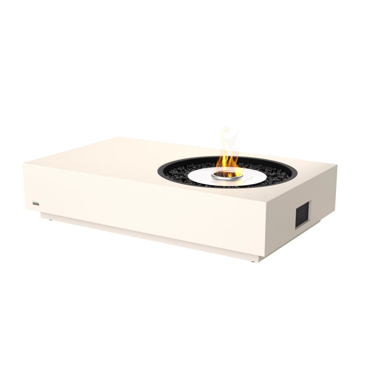 A bone-colored EcoSmart Fire Tequila 50 fire pit with a stainless steel burner, offering a modern and sophisticated look. This sleek, low-profile fire feature provides a warm, inviting ambiance, perfect for luxury outdoor spaces, hospitality environments, and contemporary backyard settings.
