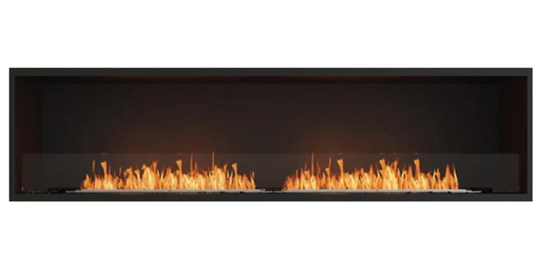 Minimalist linear fireplace with a wide flame, set within a sleek, modern black frame, showcasing a contemporary design for modern living spaces