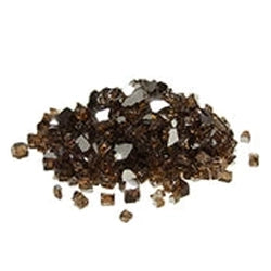 Half-inch broken bronze fire glass designed for use in fire pits and fireplaces. Adds a warm, reflective element to fire features, enhancing their visual appeal and ambiance