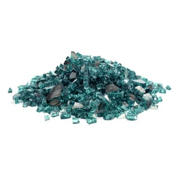 Quarter-inch broken aqua fire glass designed for use in fire pits and fireplaces. Adds a vibrant and reflective element to fire features, enhancing their visual appeal.
