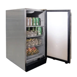 Stainless steel outdoor refrigerator with an open door showing fully stocked shelves with cans and bottles, designed for BBQ islands and outdoor kitchens to keep beverages and food chilled