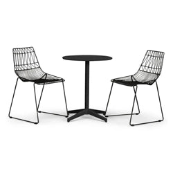 Modern black wire bistro set with two stylish chairs and a round table, perfect for outdoor dining on patios or balconies.