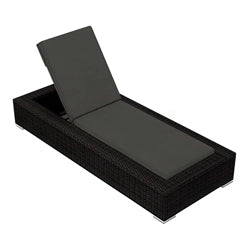 A modern outdoor chaise lounge chair with a dark wicker frame and black cushions. The chair features an adjustable backrest for customizable comfort, making it ideal for relaxing in the sun or lounging by the pool.