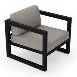 A modern outdoor club chair with a sleek black frame and comfortable gray cushions. The minimalist design features an open, square-shaped frame, providing a contemporary look suitable for any outdoor living space